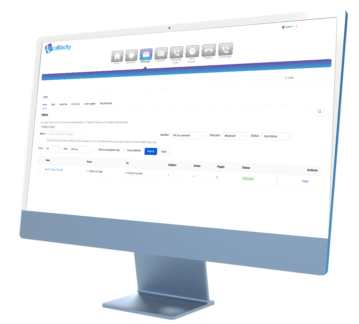 Calldacity fax on a desktop computer: the fax inbox