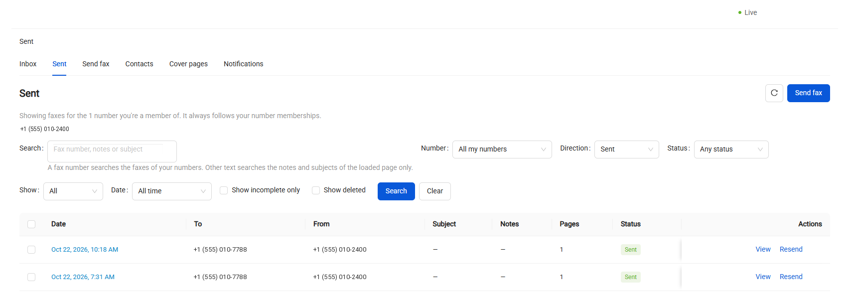 Sent faxes with delivery status and one-click resend