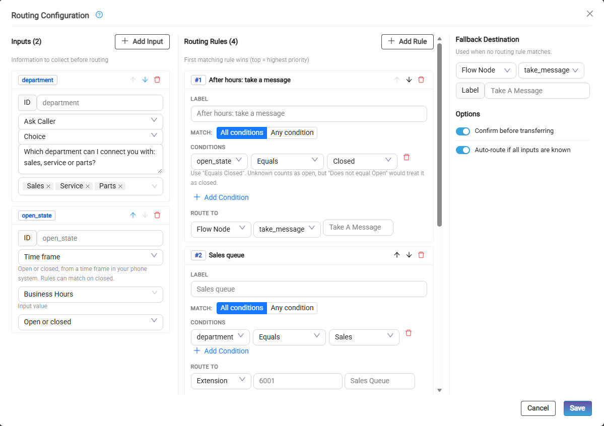 Routing rules using the phone system's business hours